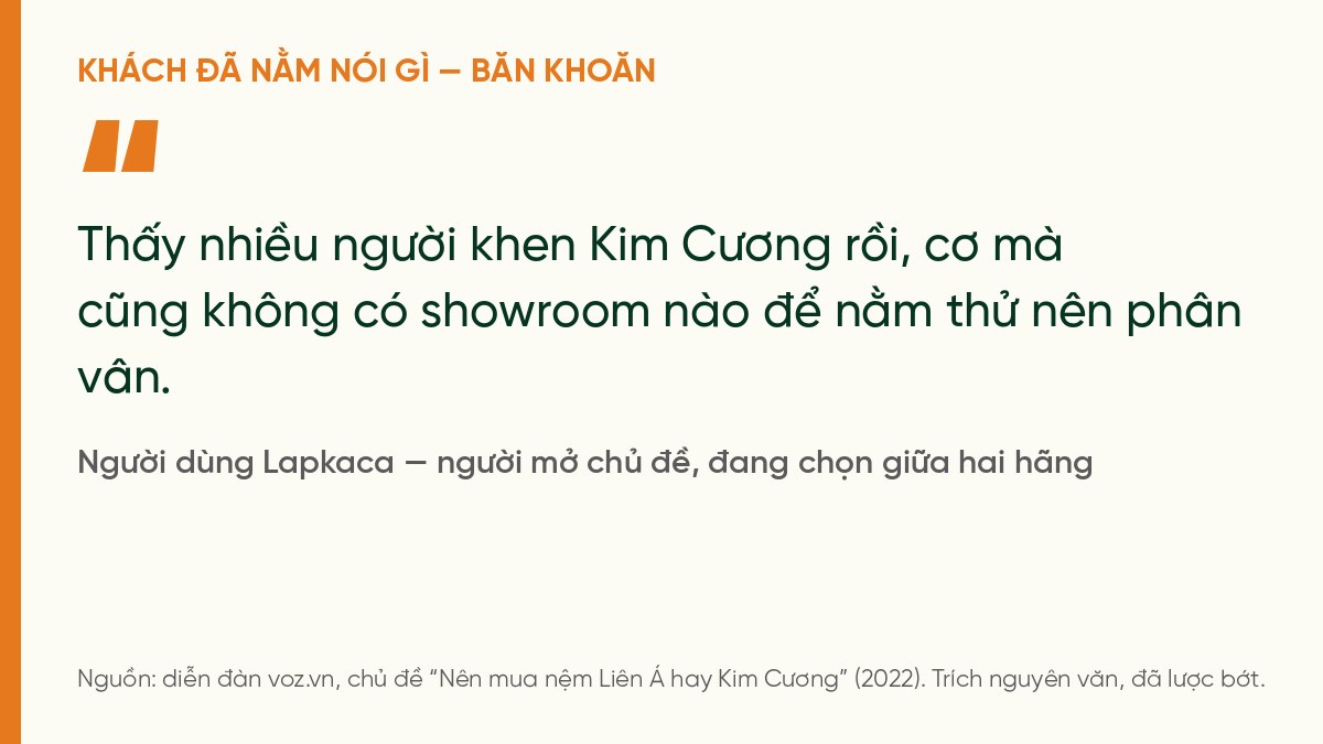 Trích ý kiến người dùng Lapkaca trên VOZ: nhiều người khen Kim Cương nhưng không có showroom nào để nằm thử nên phân vân