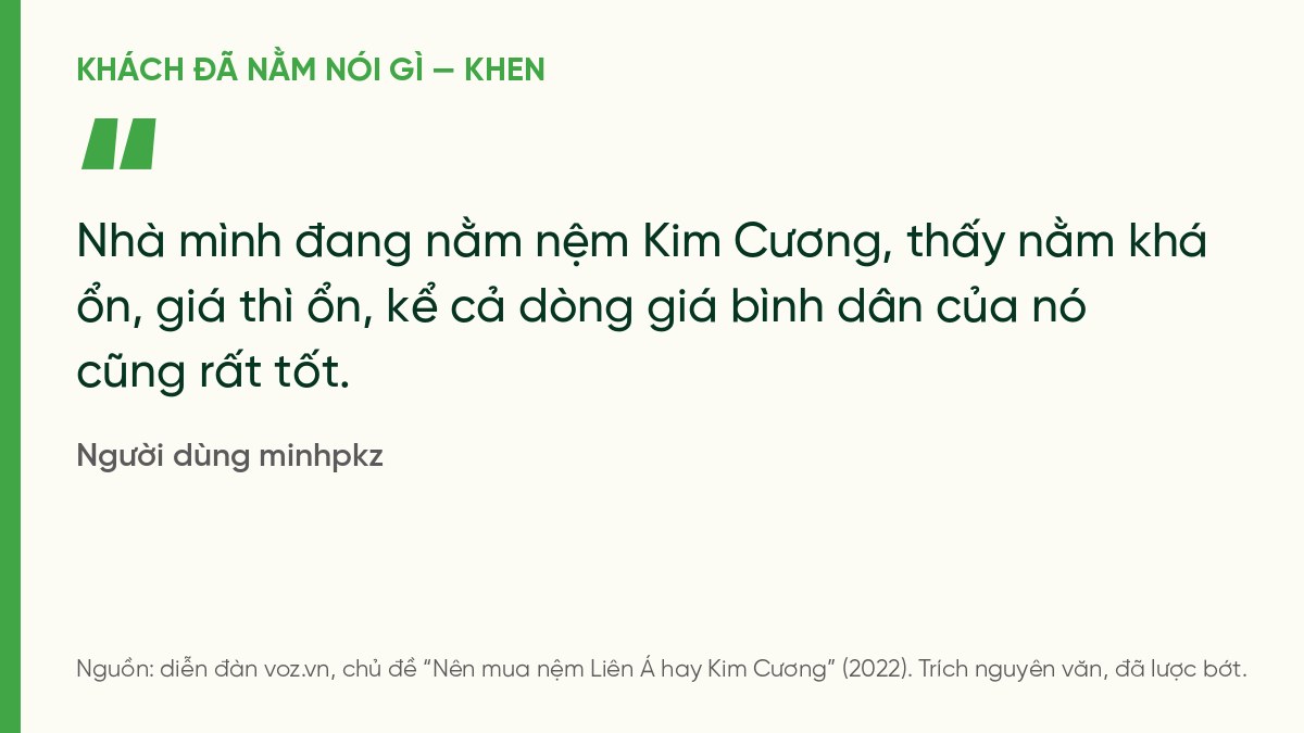 Trích ý kiến người dùng minhpkz trên VOZ: nhà đang nằm nệm Kim Cương, nằm ổn, giá ổn, dòng bình dân cũng tốt